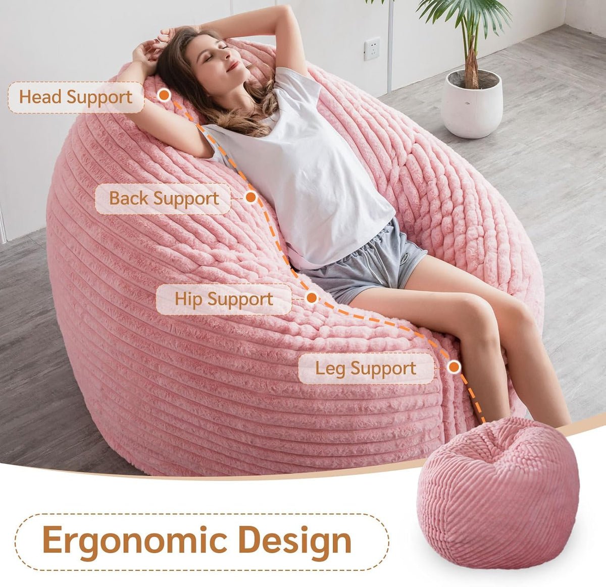MAXYOYO Huge Bean Bag Bed, Square Bean Bag Chair, Large Faux Fur Sofa and Fluffy Filling for Adults Couples Guests (Corduroy Pink, 180x180cm)