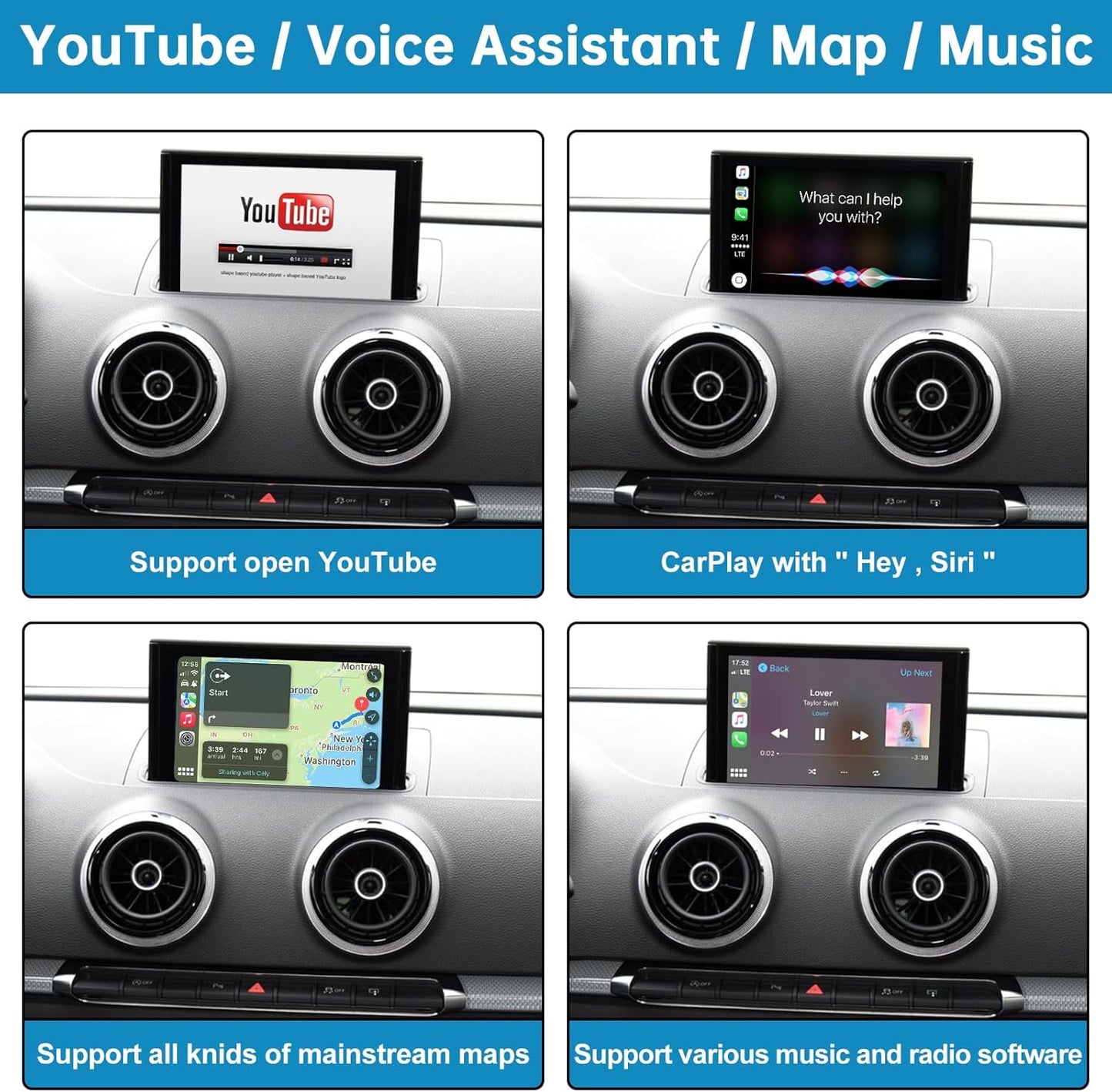 Retrofit Kit Decoder met Wireless CarPlay & Android Auto voor Audi A3/S3 2013-2018, Ondersteuning Mimrorlink, Youtube, GPS Achteruitrijcamera, Siri
