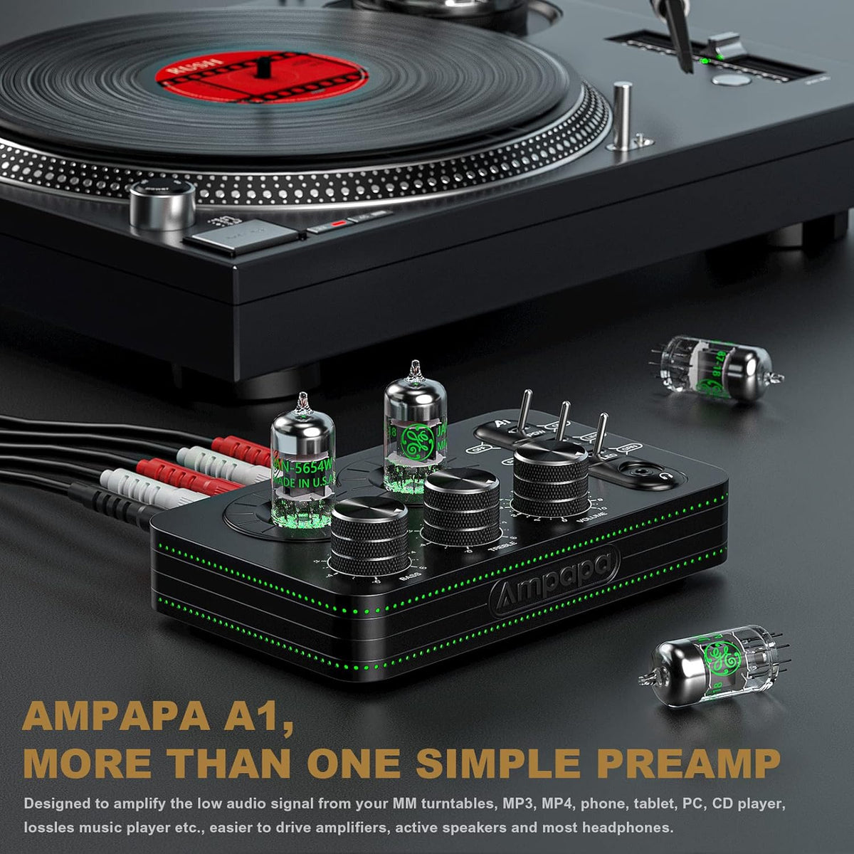A1 Buis Phono Voorversterker: Klep Hoofdtelefoon Amp, Hi-Fi Audiofiele Voorversterker voor MM Draaitafel Platenspeler met Tone Control voor Thuis Stereo Audio Systeem