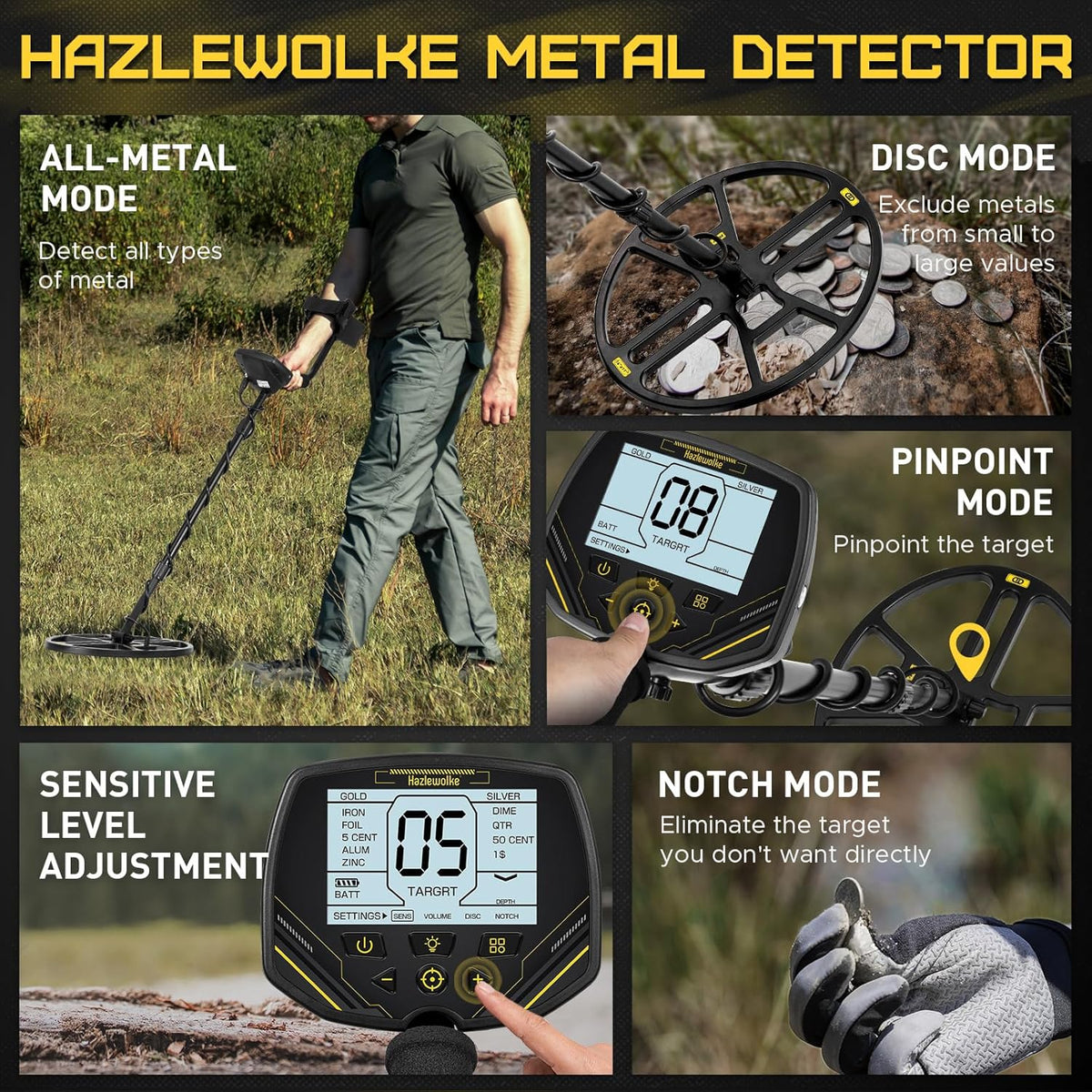 Metaaldetector Voor Volwassenen – Metaalzoeker – Schatzoeker – Detector – Bodemscanner – 14 Inch Waterdichte Dubbel-D Zoekspoel – Pinpoint-Functie En Achtergrondverlichting LCD-Scherm