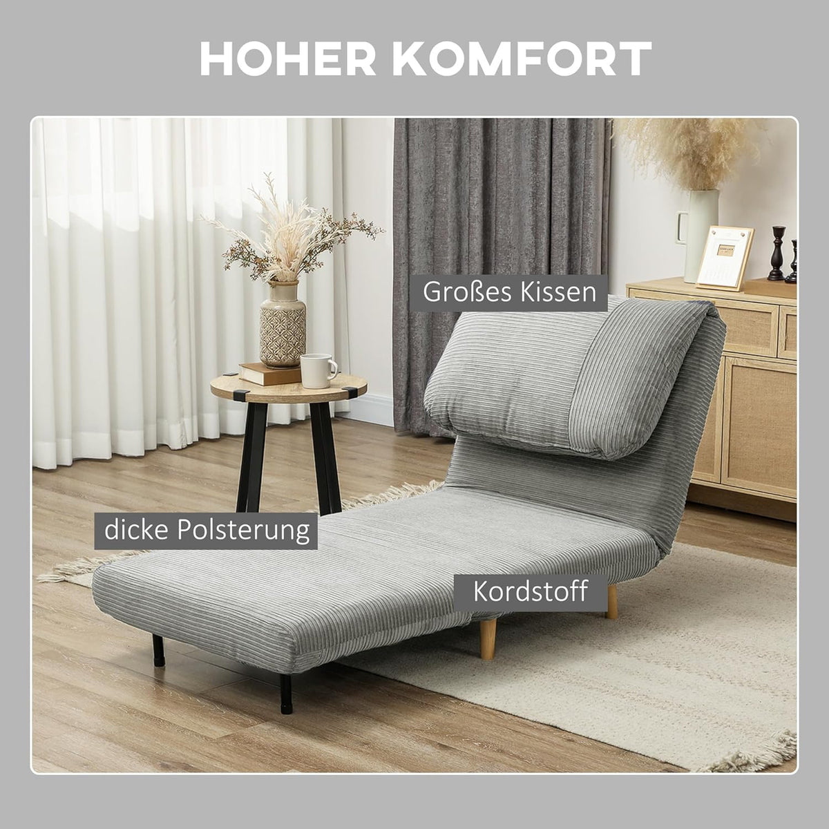 HOMCOM 2-in-1 Schlafsofa Schlafsessel Verstellbar Klappmatratze Gästebett im Cord-Optik, für Schlafzimmer, Wohnzimmer Grau 82 x 89 x 83 cm - QUORE
