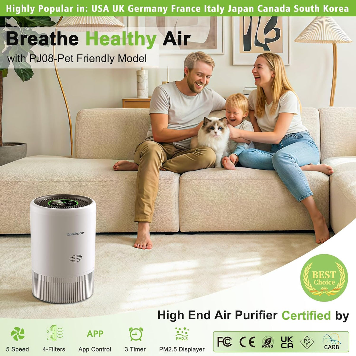 Luchtreiniger – Luchtzuiveraar – HEPA-luchtreiniger – Luchtfilter – Voor mensen met allergieën – 185 m³/h CADR, 3 snelheden, 25 dB, tot 80 m², auto-modus