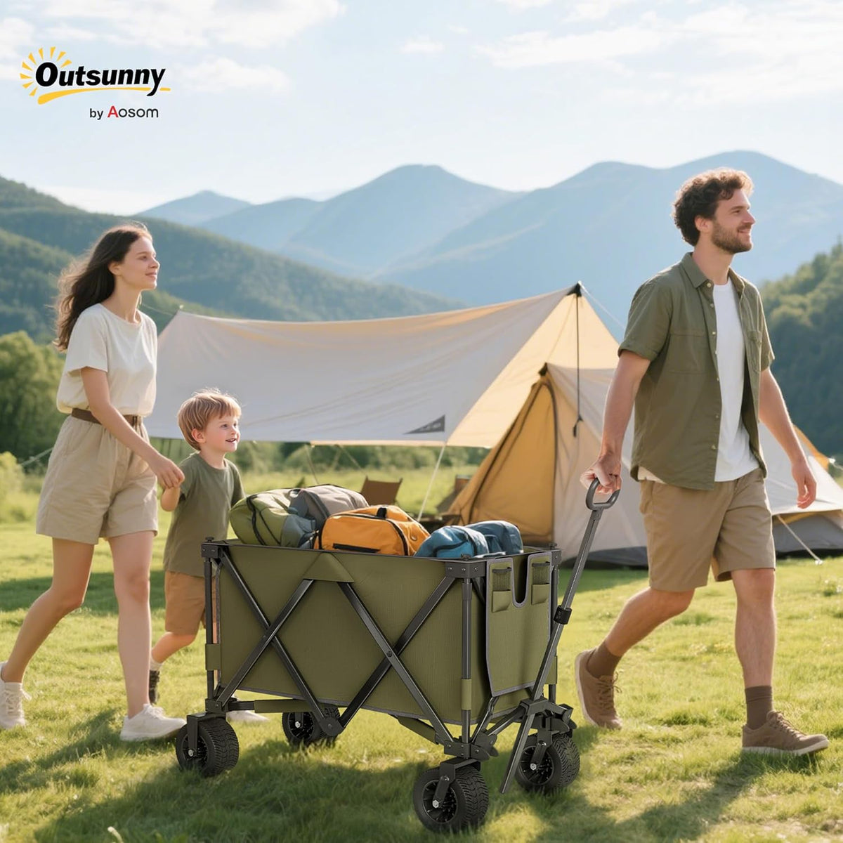 Outsunny Handcart Folding Handcart with Adjustable Handle, Pockets, Green - QUORE