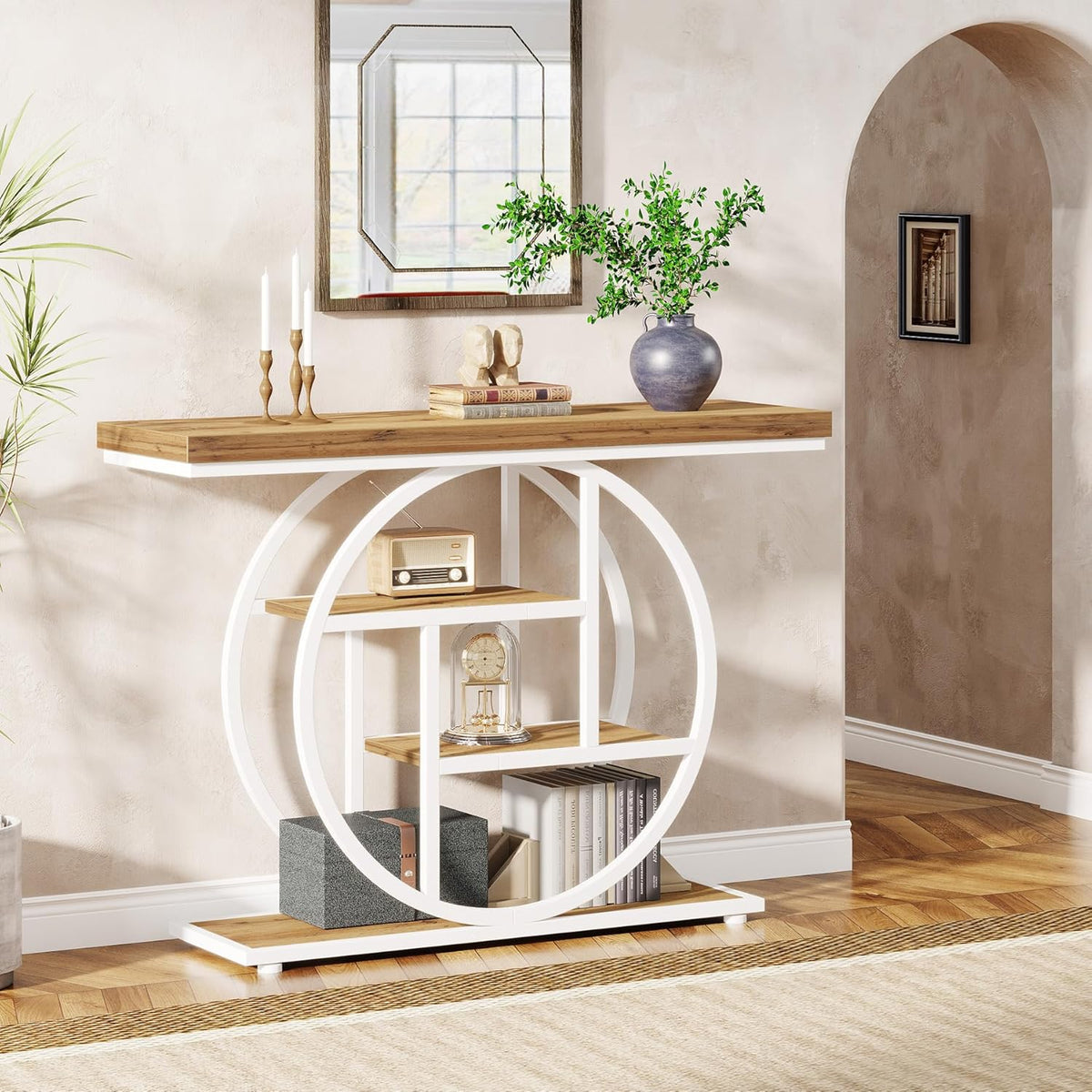 Tribesigns Console Table 105cm with 4 Levels, Narrow Industrial Sofa Table with Round Metal Frame, Wooden Entrance Table with Storage Racks for Living Room (Brown-White)