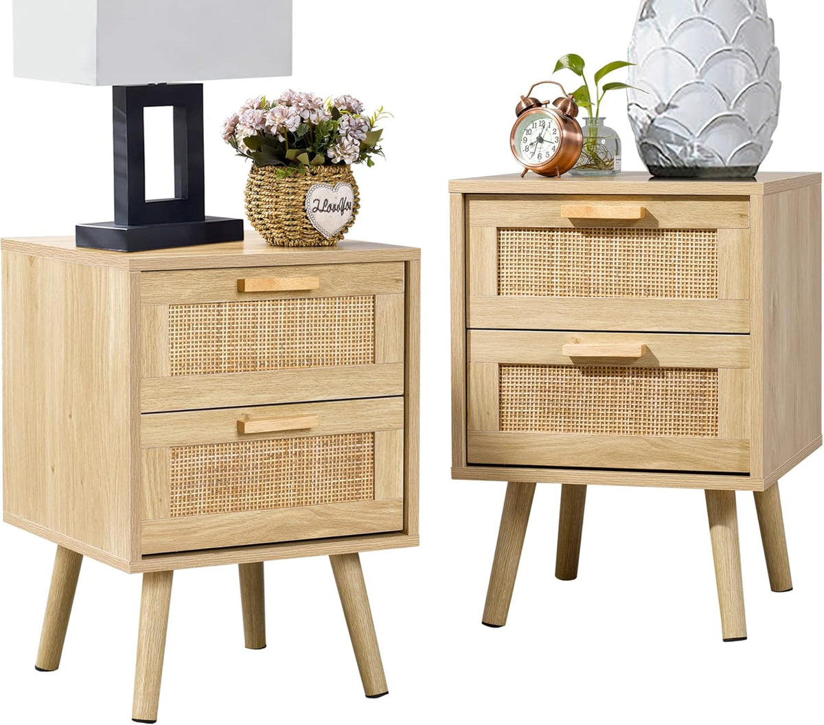 Finnhomy Set van 2 nachtkastjes met 2 laden, versierd met rotan, handgemaakt, bijzettafel met opbergruimte voor slaapkamer, naturel