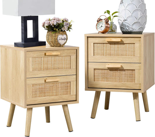 Finnhomy Set van 2 nachtkastjes met 2 laden, versierd met rotan, handgemaakt, bijzettafel met opbergruimte voor slaapkamer, naturel