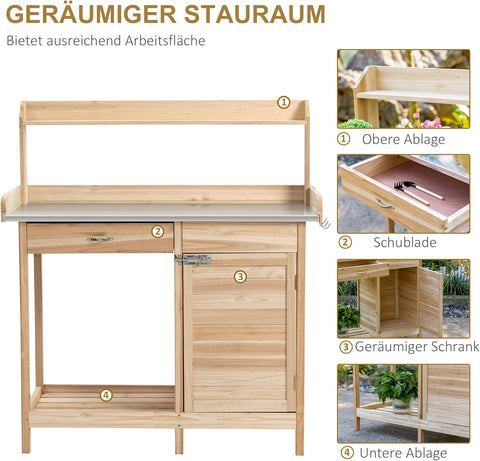 Oppottafel - Tuinwerktafel - Plantentafel -Tuinwerkbankje - met Gegalvaniseerd Werkblad - met Lade - Kast - Massief Hout - 112 x 45 x 125 cm - Natuurlijk Hout