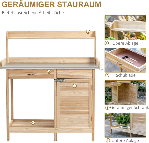 Oppottafel - Tuinwerktafel - Plantentafel -Tuinwerkbankje - met Gegalvaniseerd Werkblad - met Lade - Kast - Massief Hout - 112 x 45 x 125 cm - Natuurlijk Hout