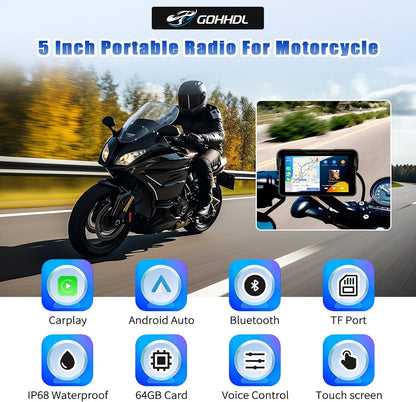 Draagbaar CarPlay GPS-scherm voor motorfietsen met draadloze CarPlay Android Auto, 5 inch navigatie voor motorfietsen, waterdicht IP68 met Bluetooth Siri TF-poort + bandenspanningsdetectie