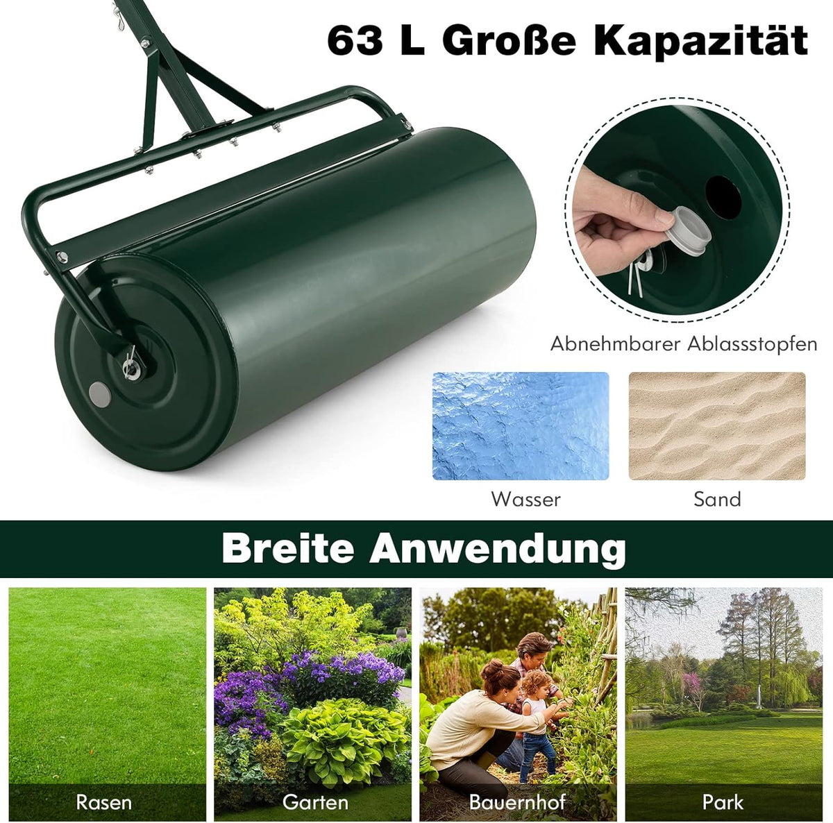 FANTASK Gazonwals, metaal, handroller met handvat, 63 l, zware belasting, graswals, vulbaar met water en zand, tuinwals, trommel, gazonroller