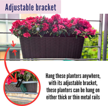 LaLaGreen Outdoor Rail Planter for Balcony (2 Pieces, 50 cm) Large Black Self-Watering Railing Planters with Brackets, Rectangular Plastic Window Flower Box Fence Designer Choice with Rattan Pattern - QUORE
