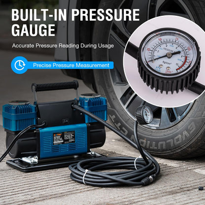 KATSU Tools Professionele auto-luchtcompressor, 2 cilinders, 150 psi, 12 V, 90 ampère, groot volume, draagbare luchtcompressor, bandenpomp voor 4WD auto, bestelwagen, trucks, fiets