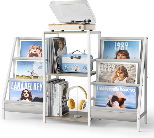 Bikoney Platenkast met Opbergruimte voor Platenspeler – Tafelkast voor Draaitafel met Display, Geschikt voor 300 LP's, Media Console met CD Rek voor Vinyl, Stereo & Draaitafel (Wit)