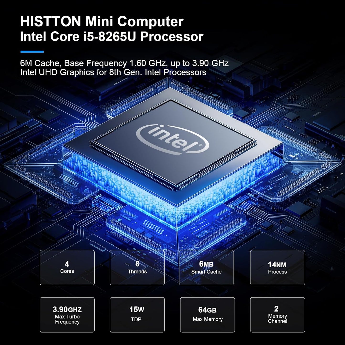 HISTTON Fanless Mini PC Industriële PC, Dual Core Core i5-8265U, DDR4 16GB RAM 512GB SSD, 2 RS232 COM, 2 LAN, 2 HD Dual Output, USB3.0, Dual WiFi, BT4.2, Mini Desktop PC, Windows 11 Pro Mini Computer