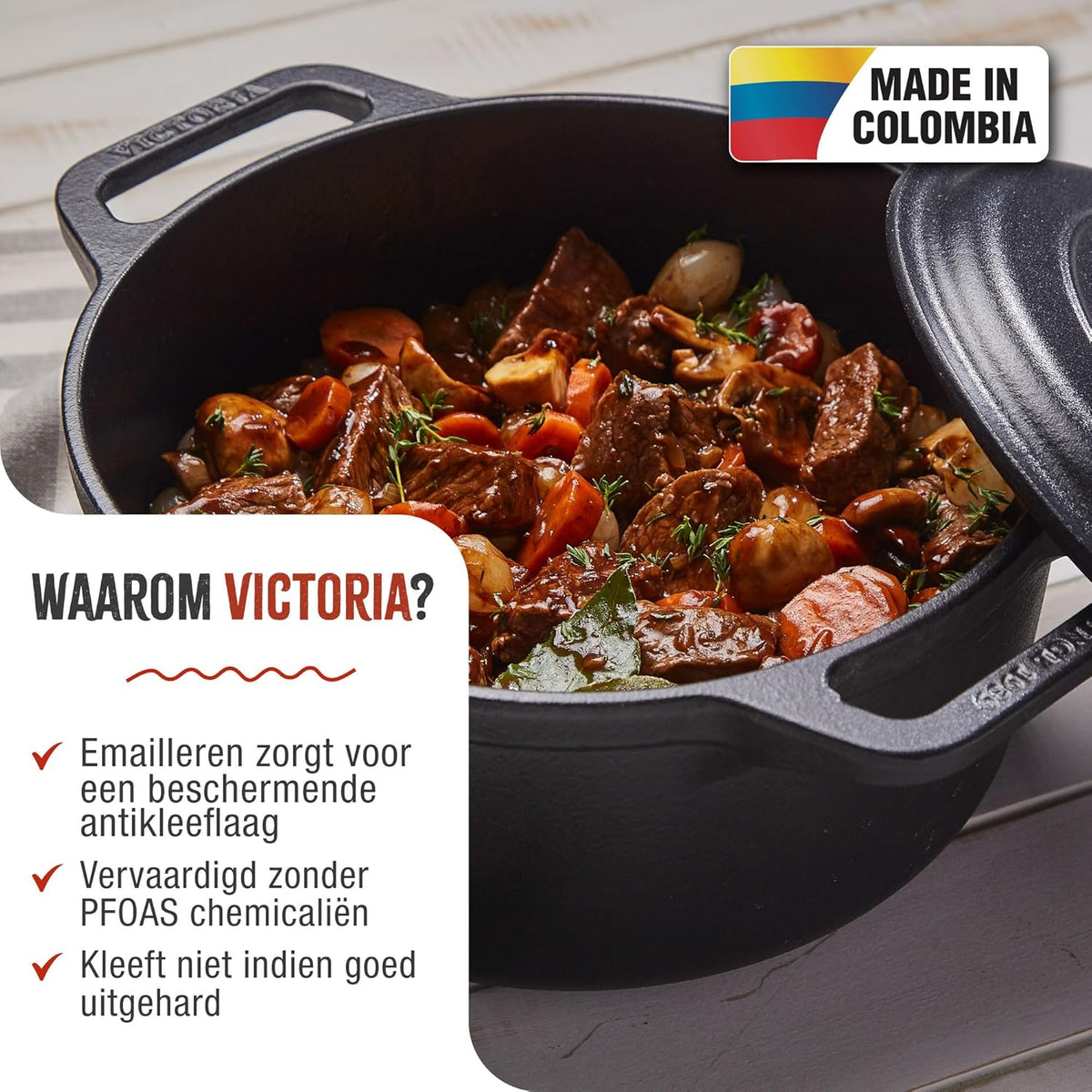 Victoria Dutch Oven Inductie Geëmailleerd Gietijzer 29cm, Cocotte 6,6L, PTFE en PFOA vrij, Geschikt voor Vuur, Barbecue, Oven, Kookplaat, Keramische kookplaat, Gas