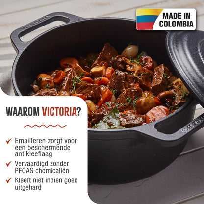 Victoria Dutch Oven Inductie Geëmailleerd Gietijzer 29cm, Cocotte 6,6L, PTFE en PFOA vrij, Geschikt voor Vuur, Barbecue, Oven, Kookplaat, Keramische kookplaat, Gas