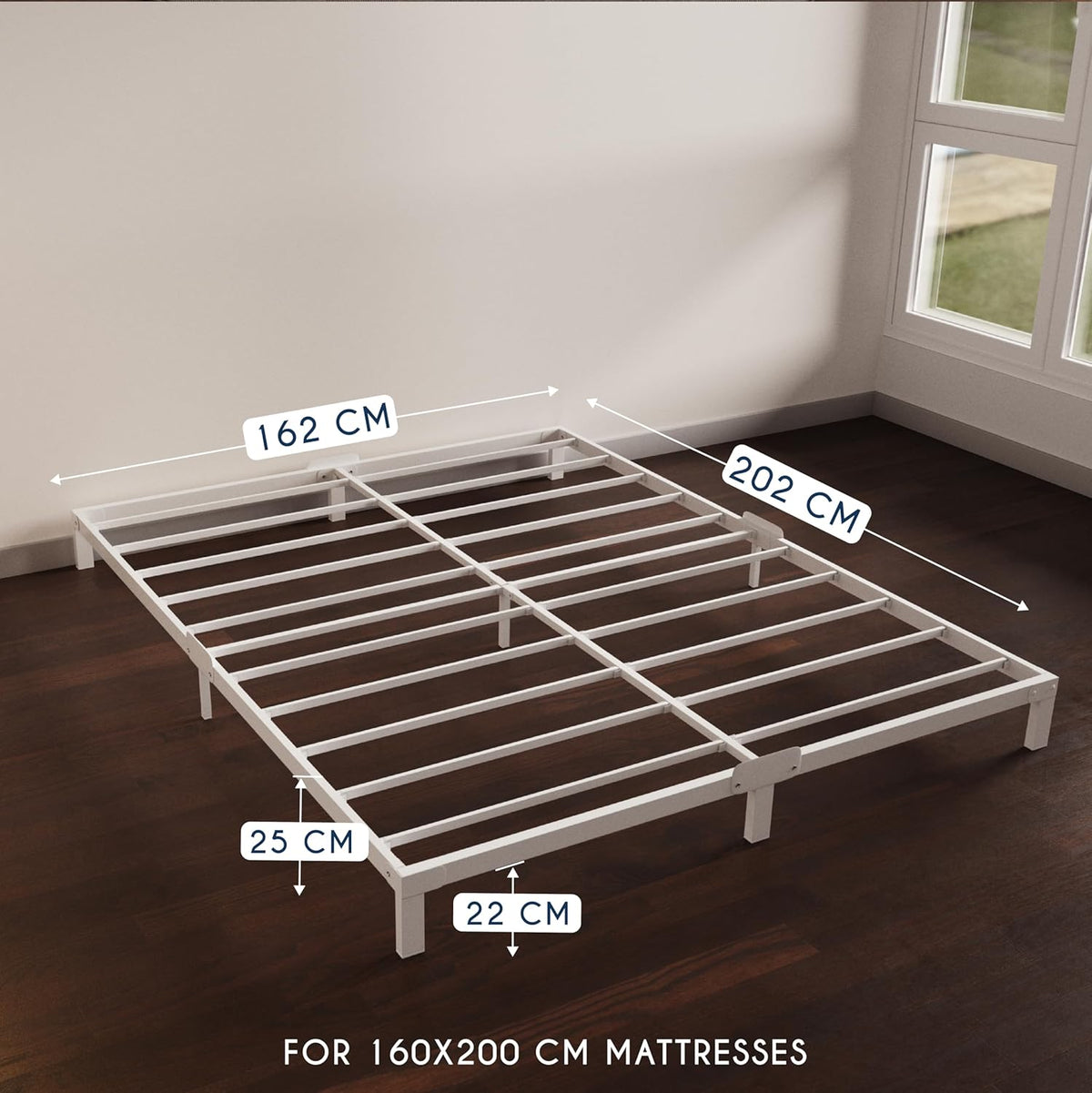 Dreamzie Bedframe 160 x 200 Van Metaal, Bedframe 160 x 200 Voor Matrassen Eenpersoonsbed, Hoogte 25 cm, Robuust, Eenvoudige Montage, Omvangrijke Opbergruimte, Witte Lattenbodem