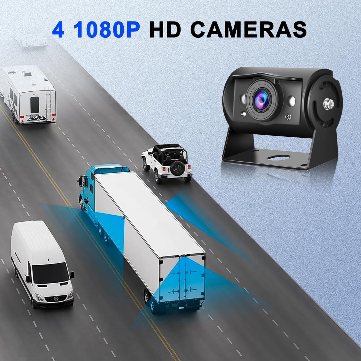 1080p achteruitrijcamera met 4 gedeelde 9 inch monitor, ondersteunt 4 camera's DVR/IP68 waterdicht/nachtzicht voor vrachtwagen, camper, caravan, met 2 x 10 m en 2 x 20 m kabels