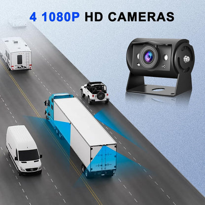 1080p achteruitrijcamera met 4 gedeelde 9 inch monitor, ondersteunt 4 camera's DVR/IP68 waterdicht/nachtzicht voor vrachtwagen, camper, caravan, met 2 x 10 m en 2 x 20 m kabels