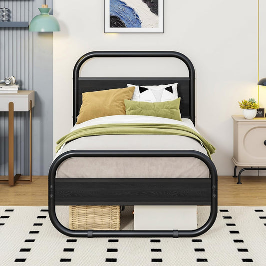 HOMERECOMMEND Eenpersoonsbedframe met hoofdeinde, zwart eenpersoonsbed 90x190 cm met opbergruimte onder het bed, stalen latten matrasstichting ronde pijpontwerp, zwart
