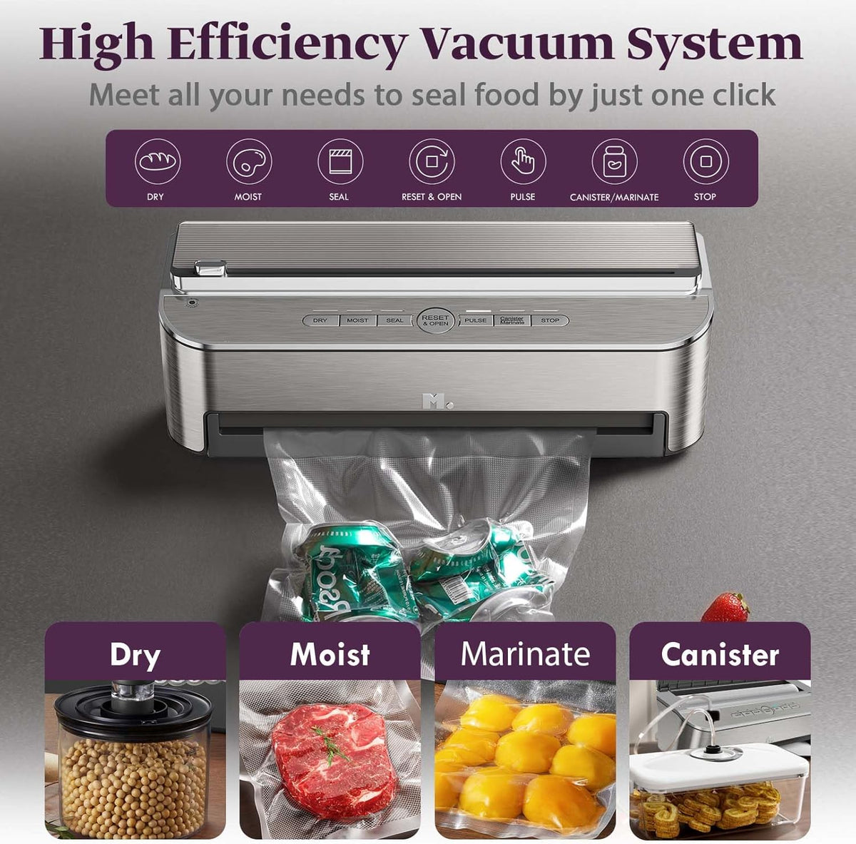 Mesliese 85 kPa 120 W vacuümapparaat, automatische voedselverzegelingsmachine, krachtig verzegelingssysteem, ingebouwd snijapparaat, zakopslag, 2 rollen zakken (Roestvrij staal)
