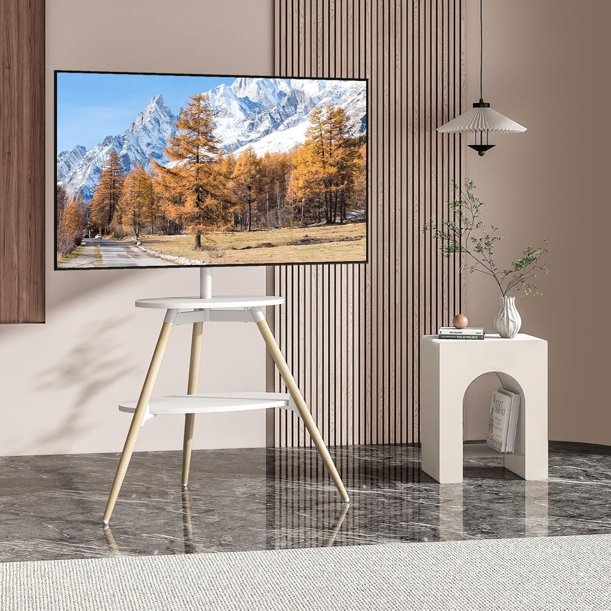 5Rcom Statief ezel tv-standaard met 2 planken draaibaar en in hoogte verstelbaar houten tv-vloerstandaard voor 32-65 inch LED LCD OLED-scherm Max VESA 400x400 mm Max belasting 40 kg wit