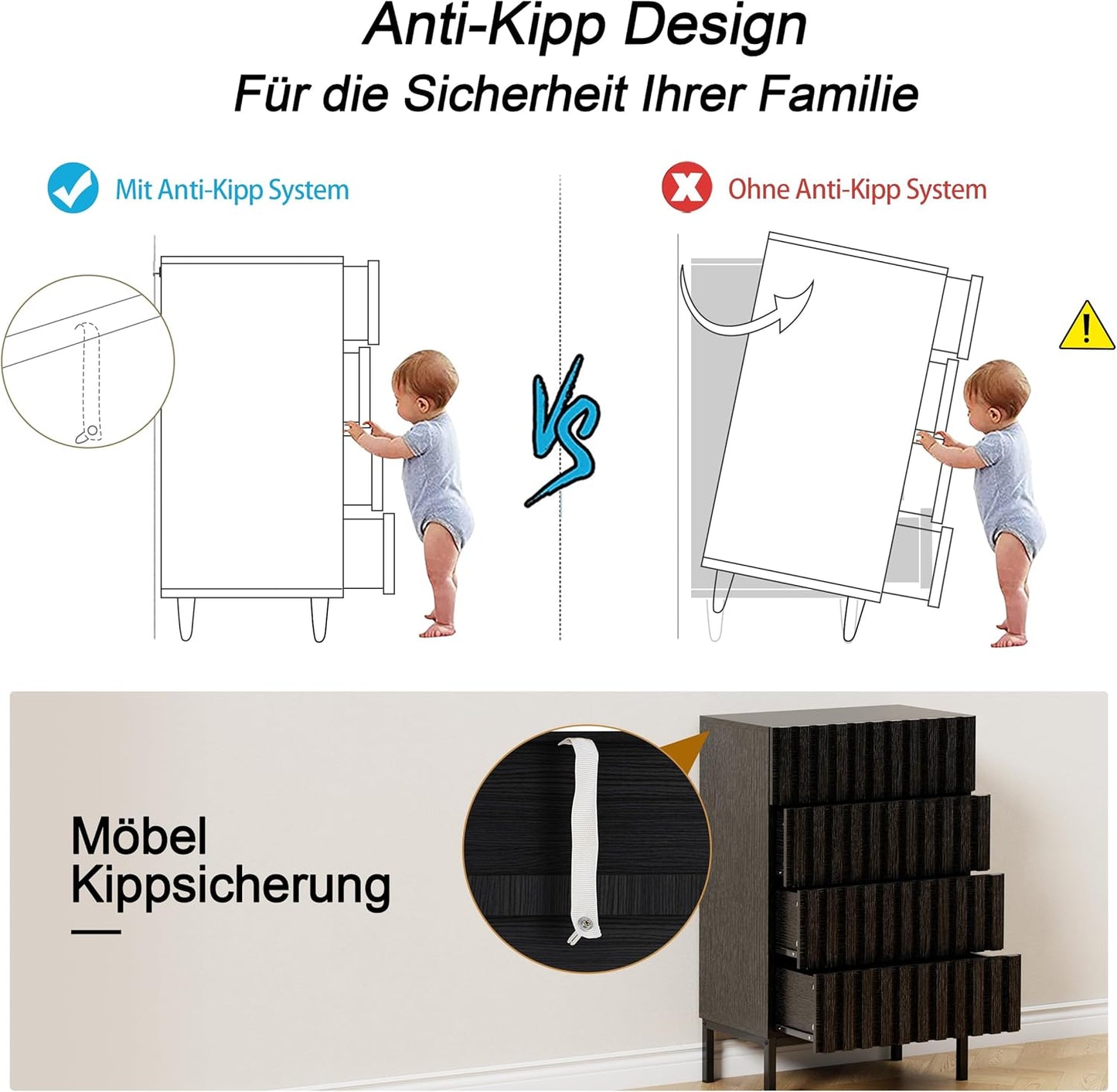 Ladekast – Smalle Ladekast – Opbergkast – Dressoir – Kast Met Lades – 4 Ruime Lades – MDF Metalen Poten – 60x34,5x92 cm – Zwart – Kras- En Vochtbestendig