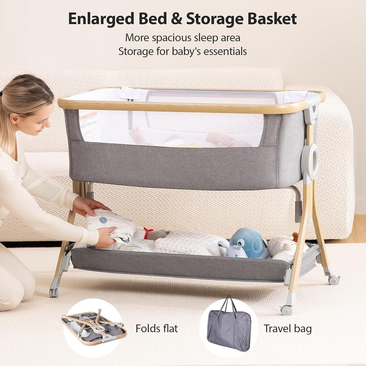 Larex Bijzetbed voor baby's, 3-in-1 babybed met muggennet, opbergtas en mand, in hoogte verstelbaar 5-traps babybed, 4 wielen met rem, ademend matras en mesh (donkergrijs)