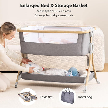 Larex Bijzetbed voor baby's, 3-in-1 babybed met muggennet, opbergtas en mand, in hoogte verstelbaar 5-traps babybed, 4 wielen met rem, ademend matras en mesh (donkergrijs)