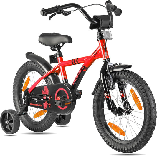 PROMETHEUS BICYCLES Kinderfiets, 16 inch vanaf 5 jaar, kinderfiets, meisjes, jongens, fiets met steunwielen, terugtraprem, in rood/zwart