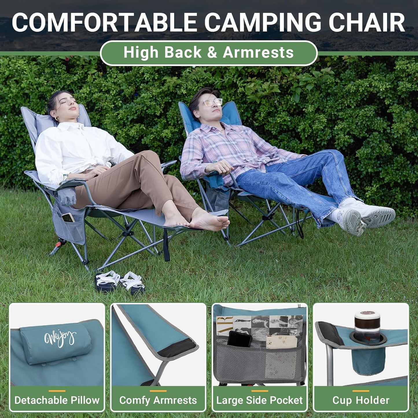 #WEJOY 2-in-1 campingstoel, opvouwbaar met voetensteun, gevoerde ligstoel met verstelbare rugleuning, relaxstoel, ligstoel met bekerhouder, ligstoel voor outdoor, camping, cyaan, set van 2
