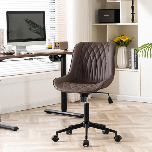 YOUNIKE Office Chair Ergonomic PU Leather Load Capacity up to 136 kg, Swivel Chair Height Adjustable Computer Chair without Armrests, Office Chair with Backrest and Wheels, Brown - QUORE