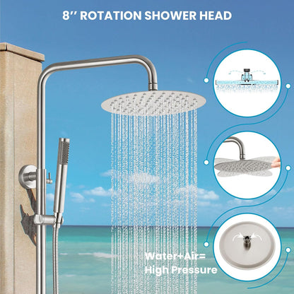 Outdoor Douchekraan SUS304 Douche Armatuur Systeem Combo Set Regendouche Enkele Handvat Hoge Druk Hand Spray Muur Mount 2 Functie Geborsteld Nikkel 8 "Regendouche Hoofd Kit