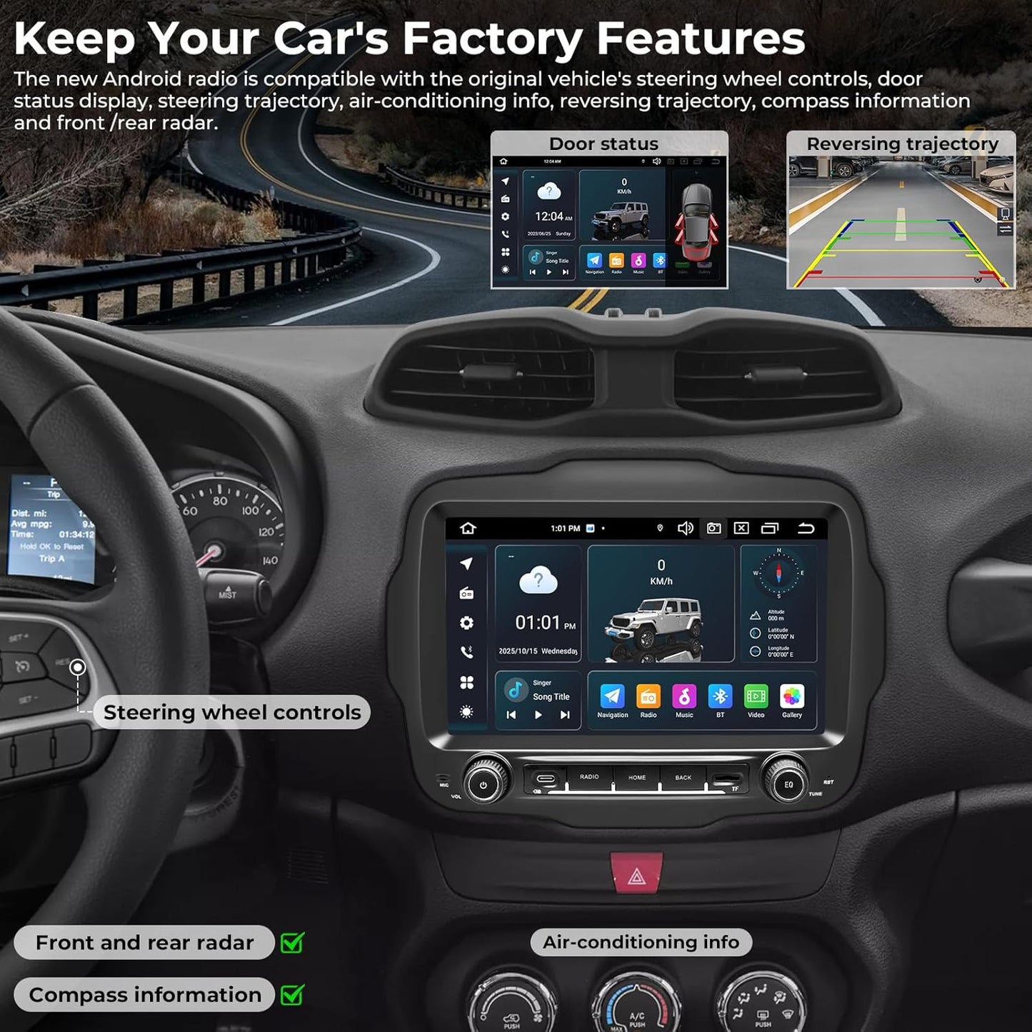 Autoradio Jeep Renegade – Multimedia Unit – Navigatiesysteem – Autoradio Stereo – Inbouw Radio – 9-inch HD IPS QLED Touchscreen – Android 14 met 4G LTE & Draadloze CarPlay