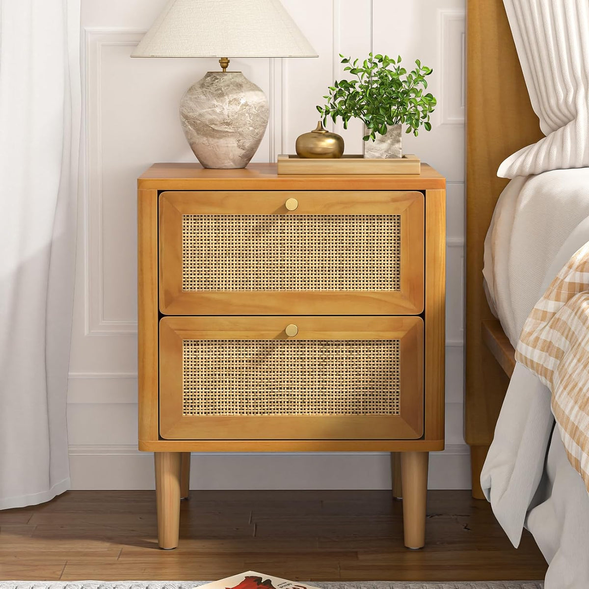 Nachtkastje Rattan – Bedside Table – Ladekastje – Bijzettafel – Slaapkamerkastje – 2 Lades – Massief Houten Pootjes – Compact 45x40x55,5 cm