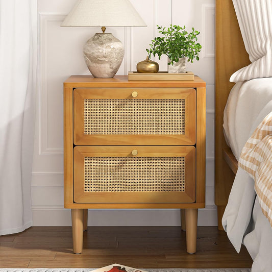 Nachtkastje Rattan – Bedside Table – Ladekastje – Bijzettafel – Slaapkamerkastje – 2 Lades – Massief Houten Pootjes – Compact 45x40x55,5 cm