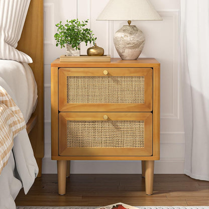 Rotan nachtkastje met 2 laden houten bijzettafel met poten van massief hout Boho nachtkastje kleine kast voor slaapkamer woonkamer kinderkamer volledig gemonteerd 45 x 40 x 55,5 cm