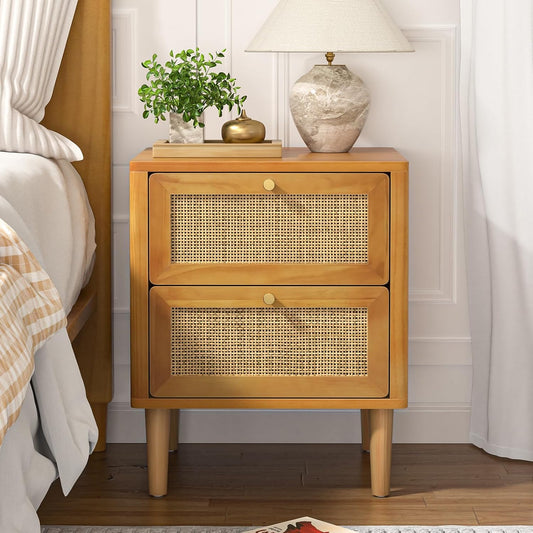 Rotan nachtkastje met 2 laden houten bijzettafel met poten van massief hout Boho nachtkastje kleine kast voor slaapkamer woonkamer kinderkamer volledig gemonteerd 45 x 40 x 55,5 cm