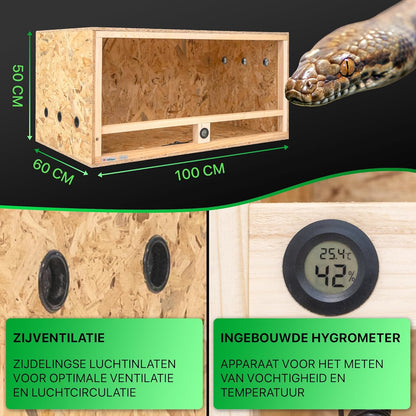 ITA Houten Terrarium 100x60x50 cm met Zijventilatie & Ingebouwde Hygrometer - Houten terrarium van OSB-3 platen - Voor reptielen, slangen, amfibieën - EU Product, FSC gecertificeerd