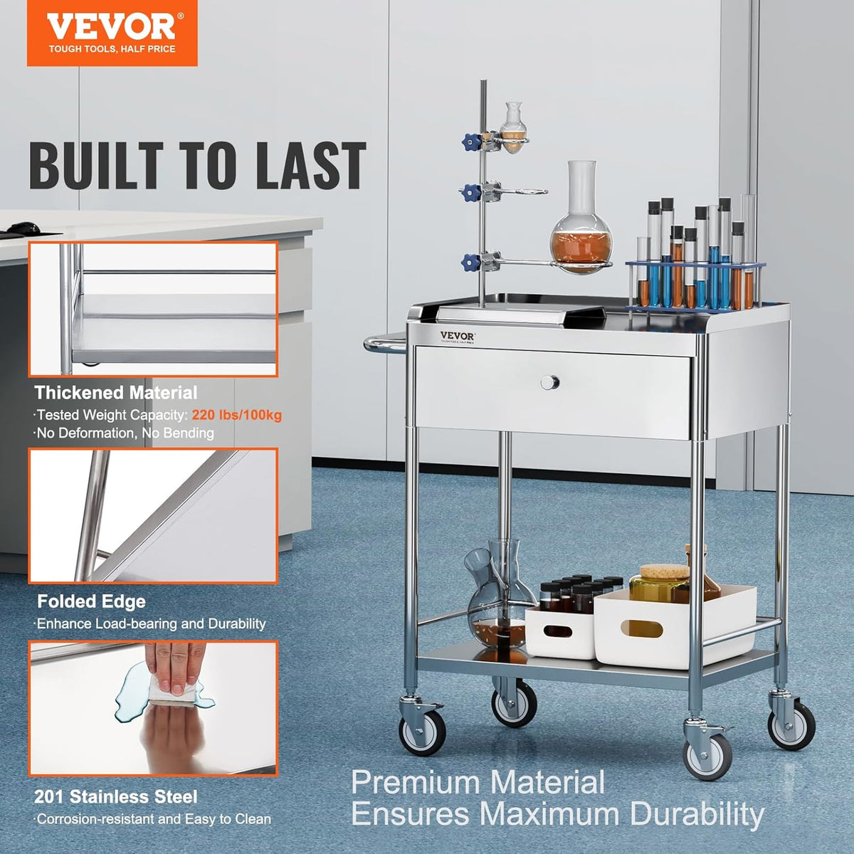VEVOR 2 Tier Laboratory Cart, Medical Service Car, 71 x 42 x 78.5 cm, Stainless Steel, with Drawer, Load 100 kg, Silent Movement for Clinical Storage, Kitchen, Hotel,