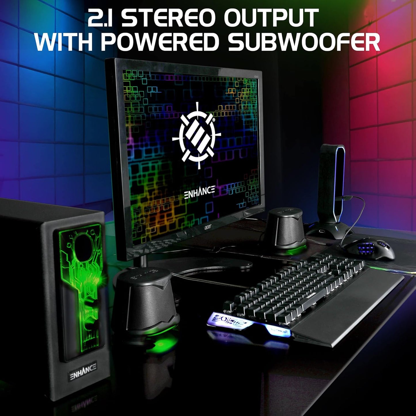 ENHANCE SB 2.1 Computerluidspreker met subwoofer – groene led-gamingluidspreker, high-excursie-geluidssysteem, AC-voeding, volume- en basregeling, compatibel met gaming-pc, desktop, laptop