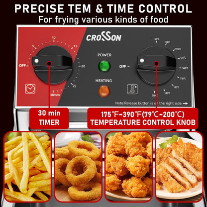 CROSSON Commerciële Roestvrijstalen Elektrische Friteuse,230V/2500W Professionele Elektrische Friteuse 4L met Verstelbaar Thermostaat 80-200°C,met Afneembare Olietank