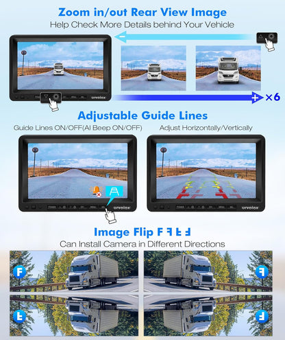 URVOLAX Draadloze Achteruitrijcamera Met AI-detectie en Hoorbaar Alarm, 1080p FHD Parkeersysteemkit met 7-inch monitor, Waterdicht voor Campers, Vrachtwagens, Bestelwagens, Caravans en Aanhangwagens
