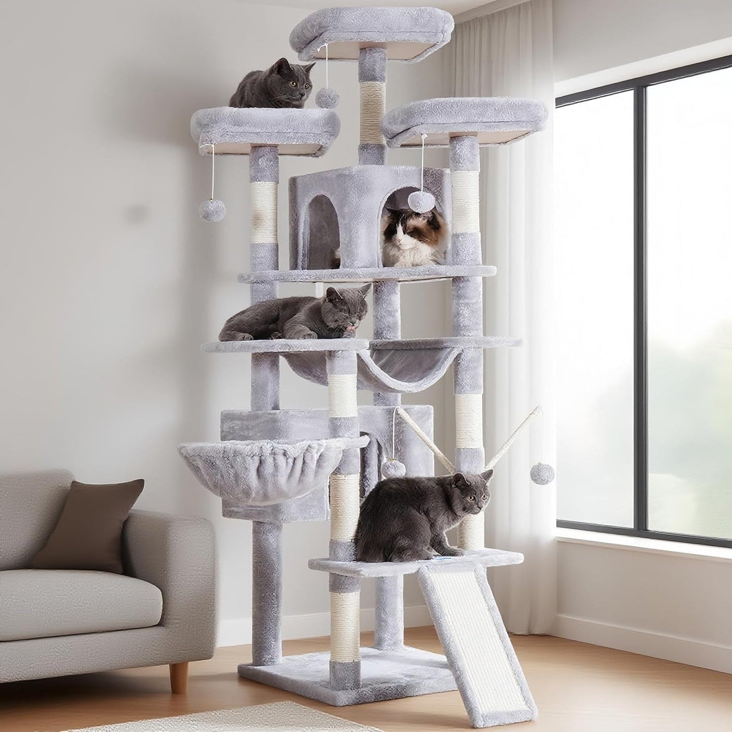 Krabpaal XXL voor Grote Katten – Kattentoren – Kattenboom – Kattenmeubel – Klimboom – Lichtgrijs – 180 cm Hoog – Met Groot Krabvlak en Sisaltouw