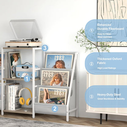 Bikoney Platenkast met Opbergruimte voor Platenspeler – Tafelkast voor Draaitafel met Display, Geschikt voor 300 LP's, Media Console met CD Rek voor Vinyl, Stereo & Draaitafel (Wit)