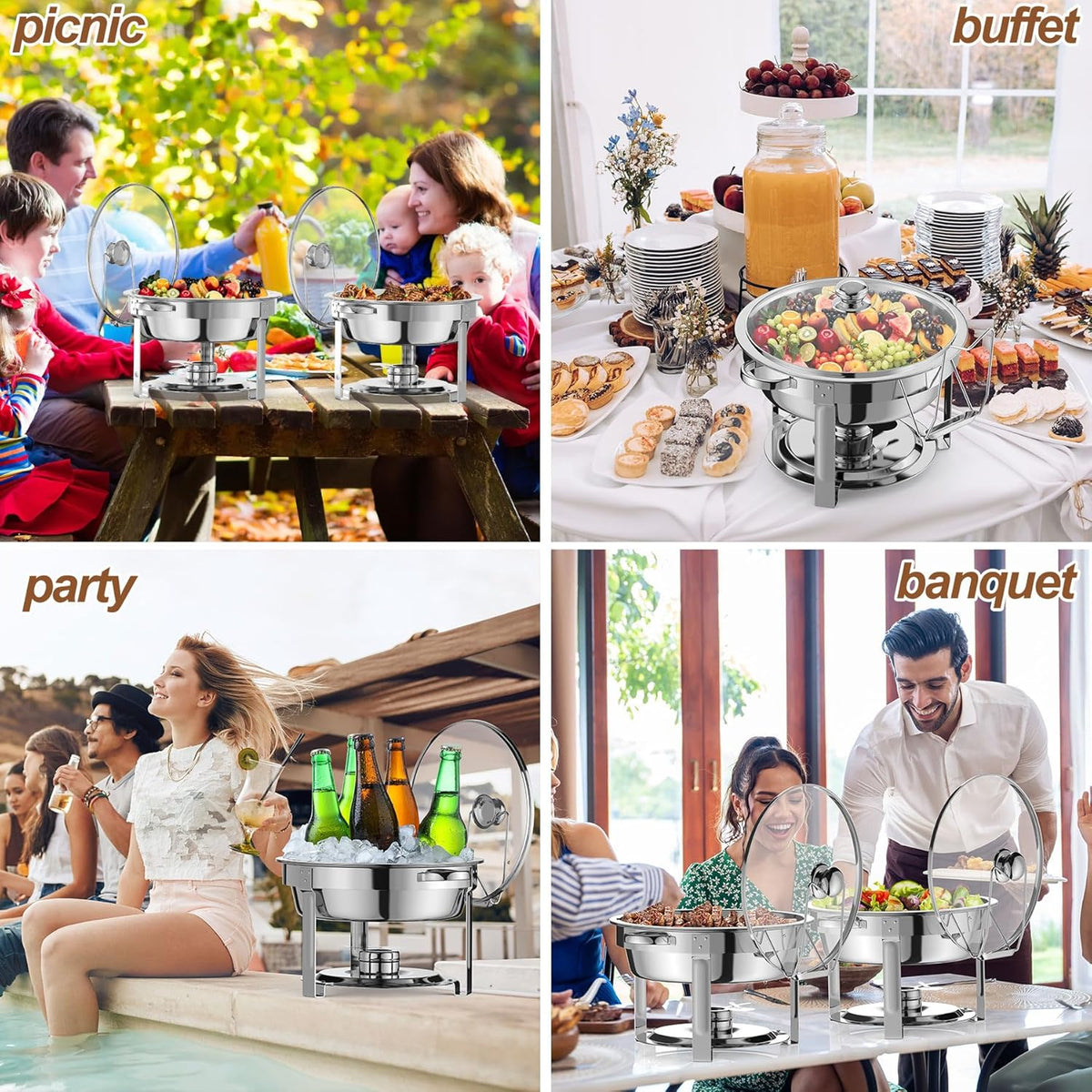 NArra 4-pack ronde 7,5 l Chafing Dish Buffet Set, voedselwarmer met glazen deksel, buffet warmer, roestvrij stalen buffet serveerborden, dikke catering hot pot voor feesten, bruiloften, picknicks