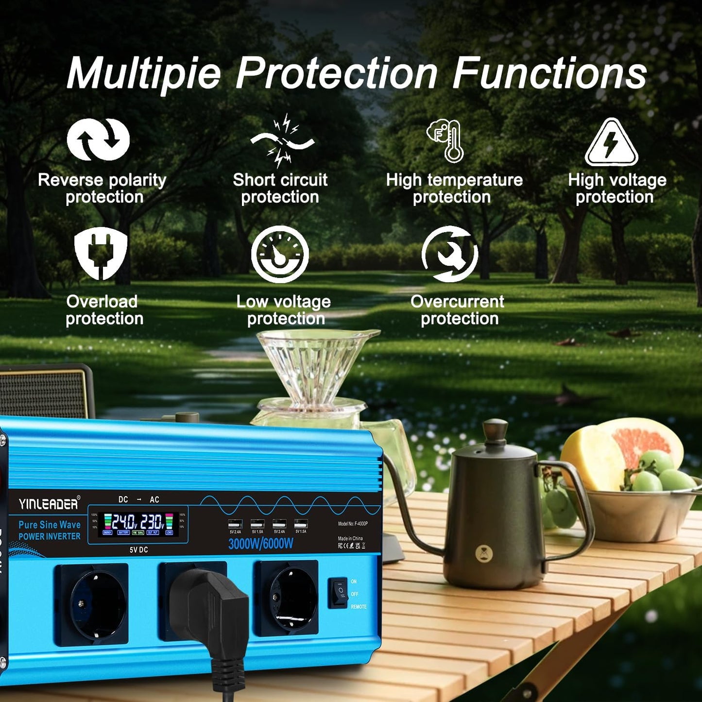 Yinleader Inverter 3000 W zuivere sinus spanningsomvormer 24 V 230 V met LCD | 3 stopcontacten en 4 USB-poorten draadloze afstandsbediening / 6000 W