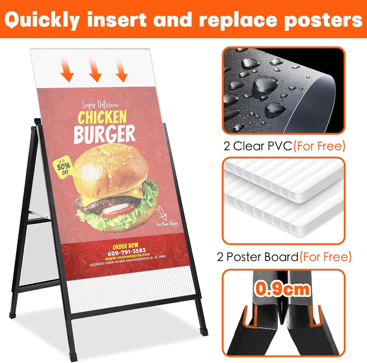 A1 bestratingsbord, A-bord, een frame, dubbelzijdig bestratingsbord, posterhouder, displaystandaard met 2 anti-verblindende hoezen en golfplaten voor zaken, restaurants, buitenreclameborden