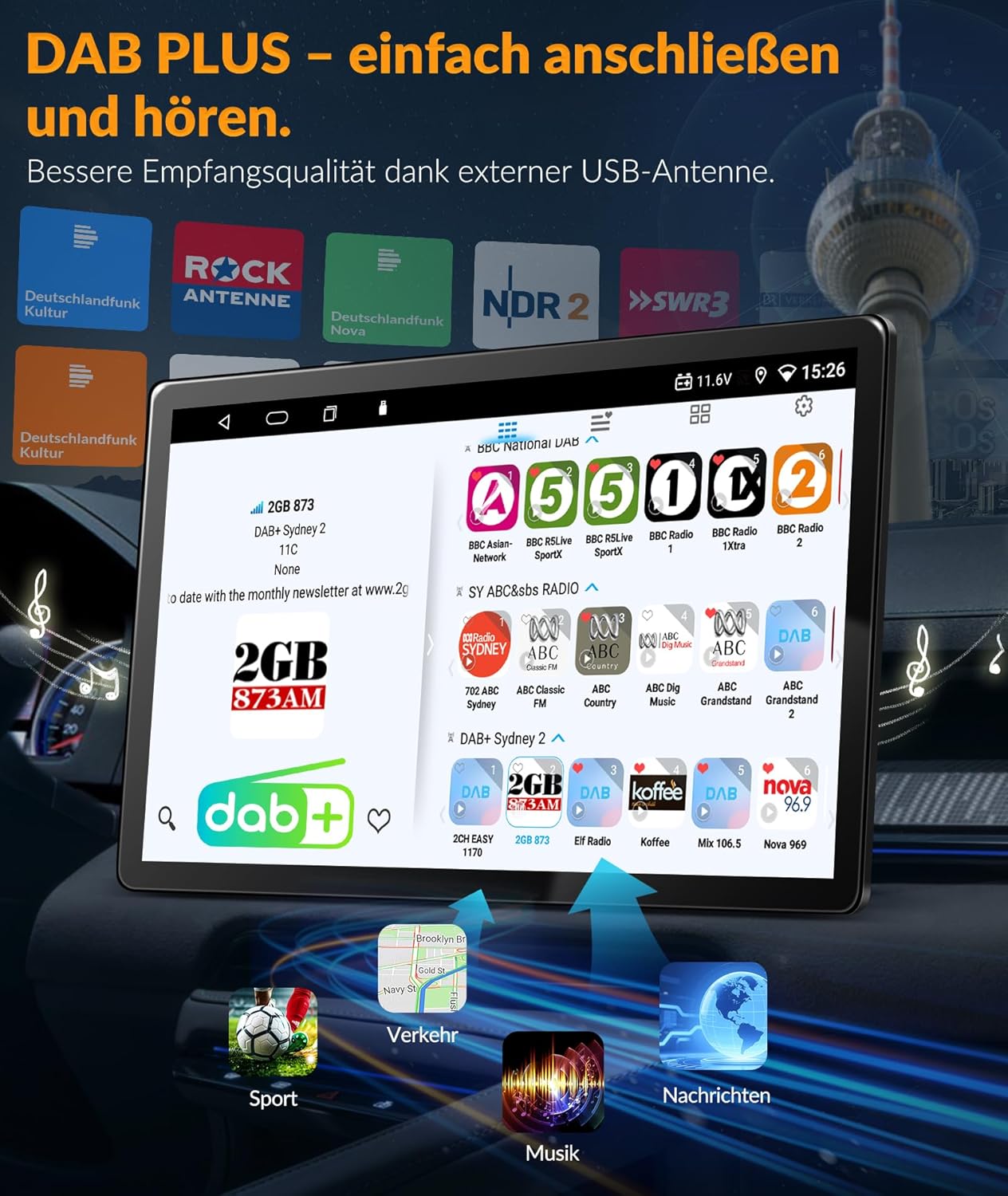PORMIDO autoradio met scherm:11,8 inch 2K touchdisplay met DAB+ draadloze Apple CarPlay & Android Auto 1din radio 8-core 4GB+64GB Android 13 Navi WiFi Bluetooth achteruitrijcamera voor auto-upgrade