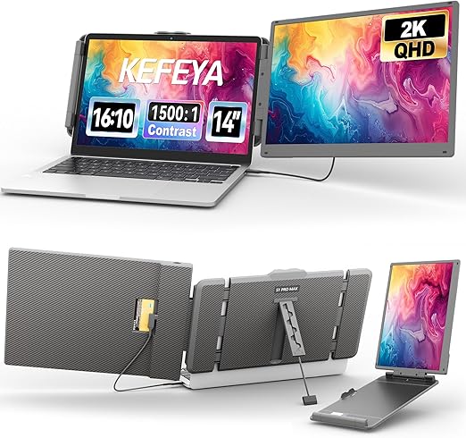 Draagbare Monitor – Mobiel Scherm – Laptop Schermvergroting – Extra Display – 14 Inch 2K QHD – Hoog Contrast 1500:1 – USB-C & HDMI Plug-And-Play – Ingebouwde Luidsprekers